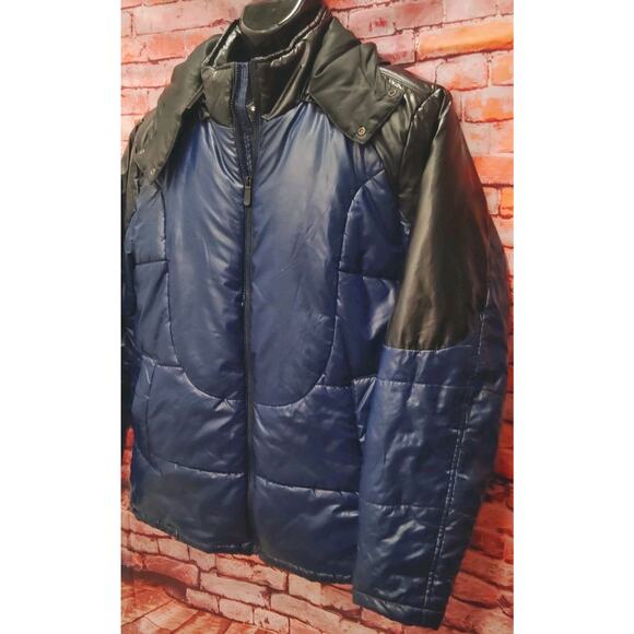 True Religion Puffer Jacket Men's Large Blue Shiny Detachable Hooded Full Zip - Picture 6 of 7